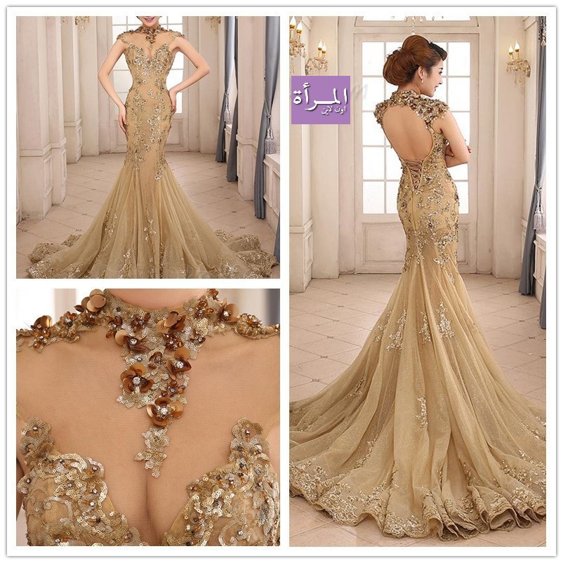 exquisite-evening-dress-2016-mermaid-gowns-gold-luxury-night-applique-high-neck-sheer-cap-sleeve-open